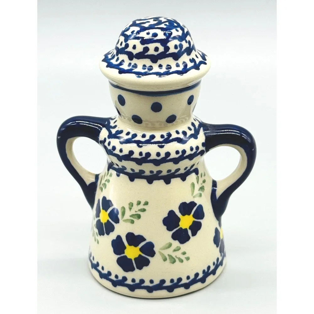 Boleslawiec Polish Pottery Salt Shaker‎ Blue Floral Woman Only 5 inch B